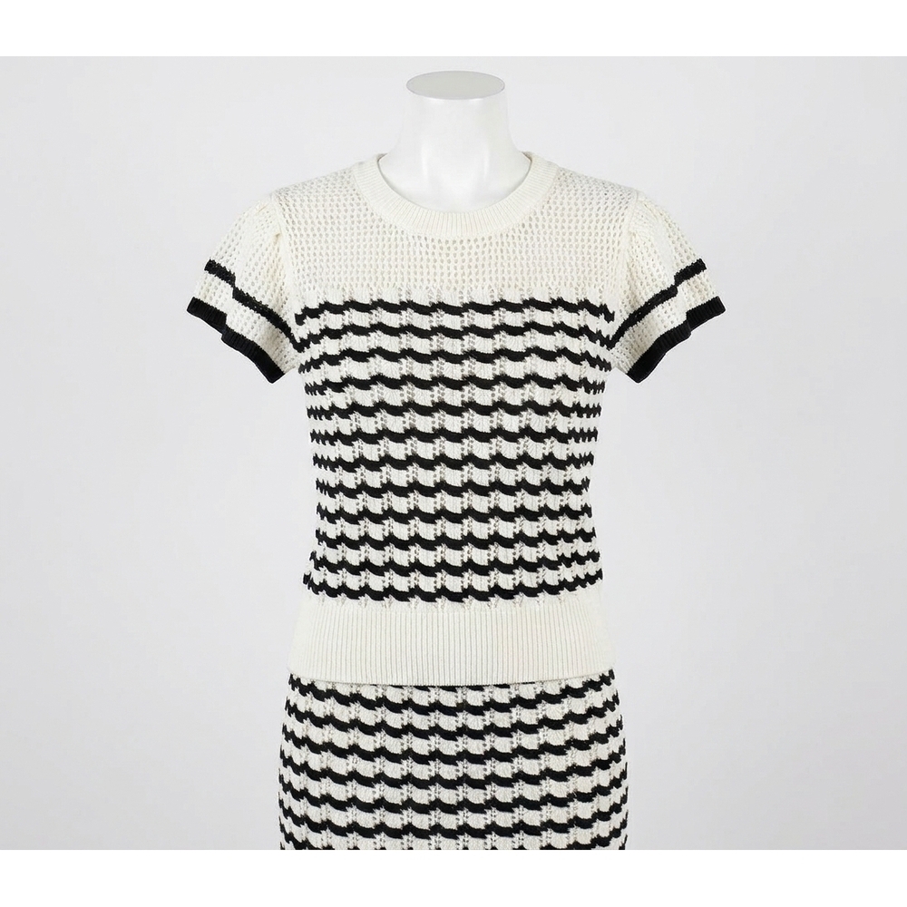 NEW FIFTEEN TWENTY uma stripe pointelle cotton blend sweater in black & white